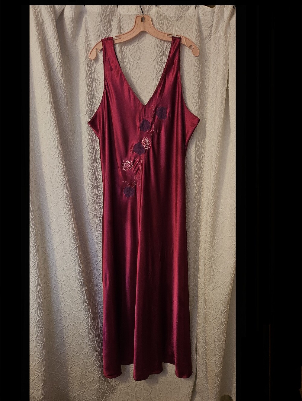 Silky V-Neck Burgundy Satin Slip Dress with Floral Embroidery - Picture 7 of 10